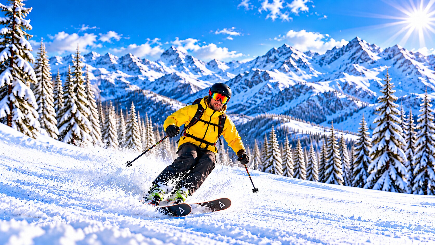 Skier carving in snowy mountains