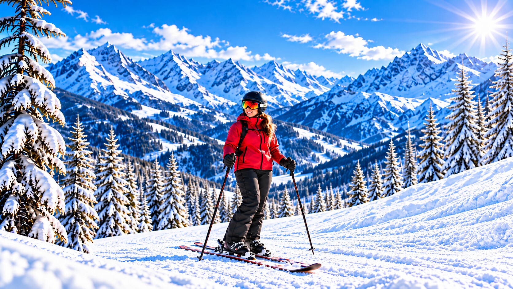 Female skier centered in snowy mountains